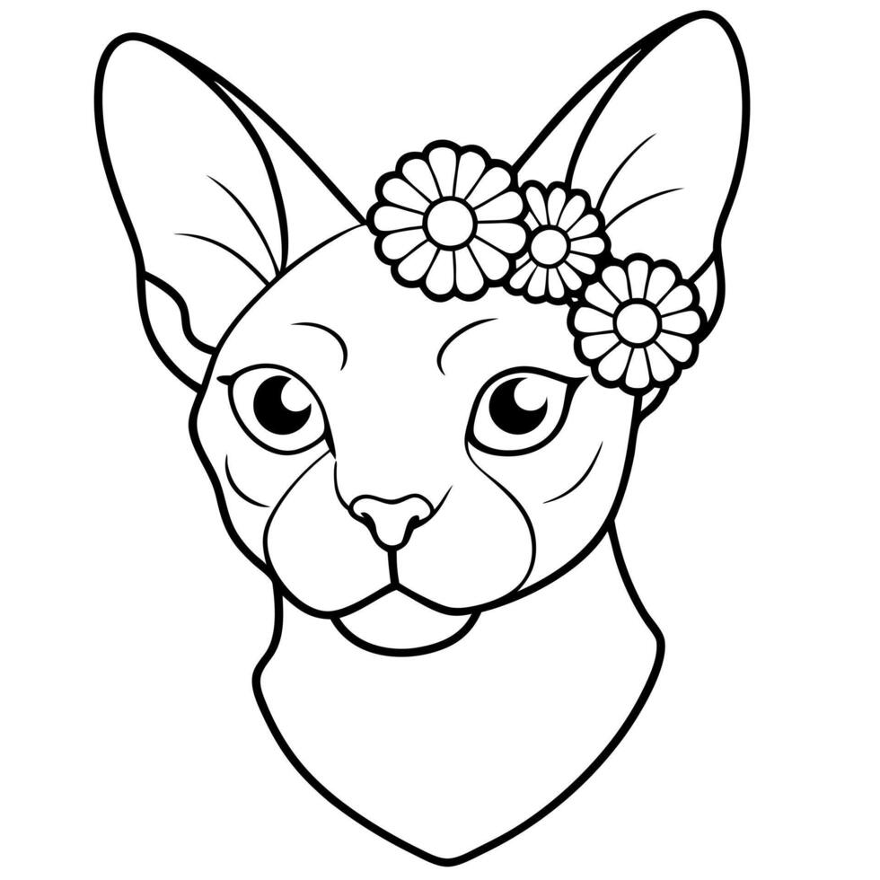 a sphynx cat flower crown bust, illustration line art vector