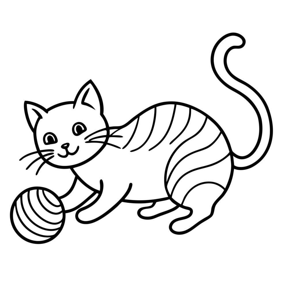 a cat playing with a ball of yarn, illustration line art vector