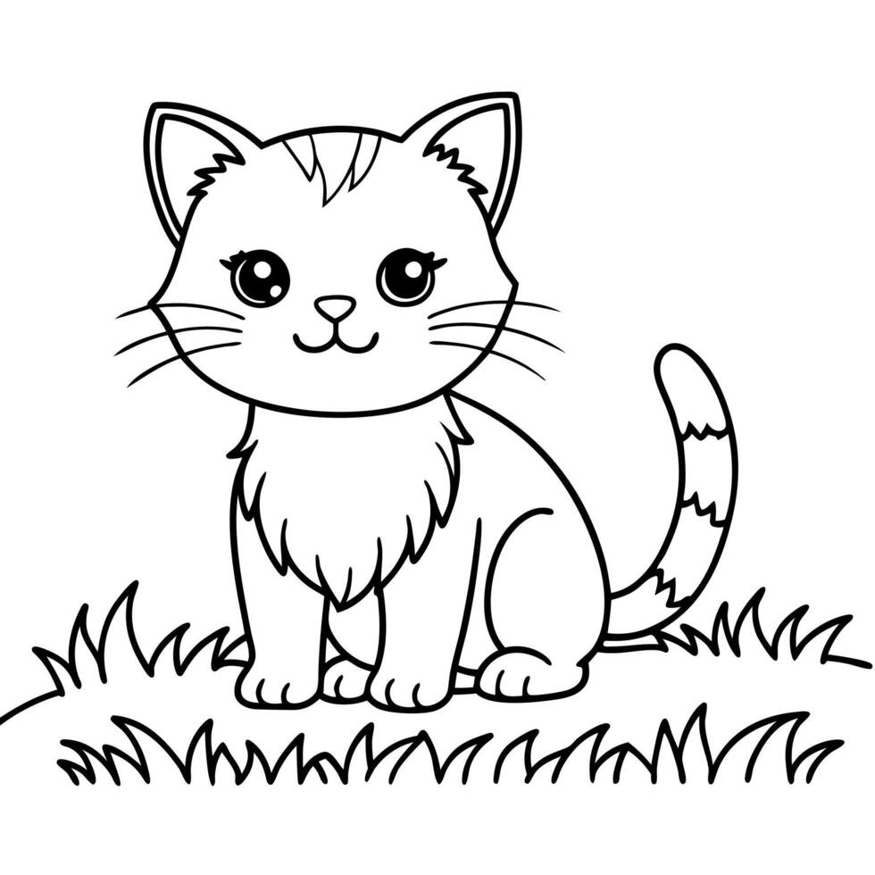 a cute cat playing on the grass, illustration line art vector
