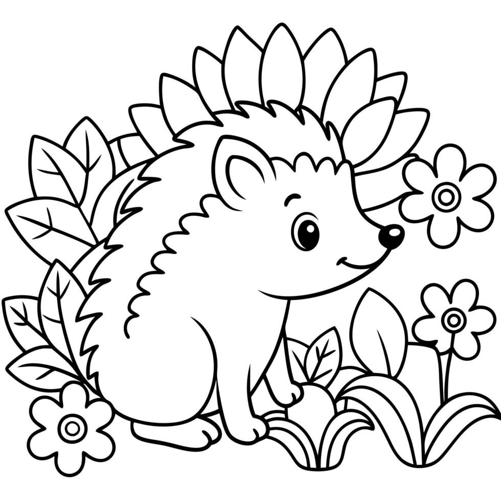 coloring pages for kids, bold line art, a cute hedgehog sniffing around a garden with colorful vector