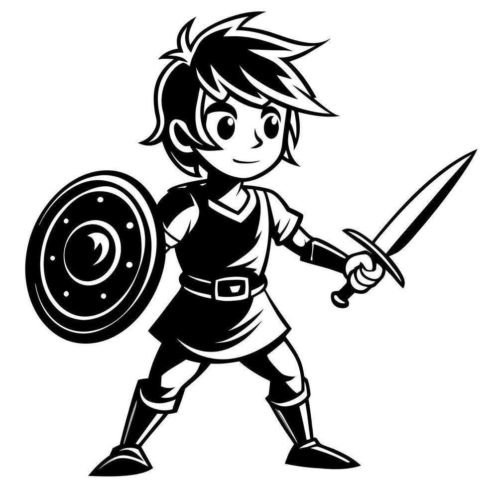 silhouette style image featuring a child holding a round shield in one hand and a sword in the vector
