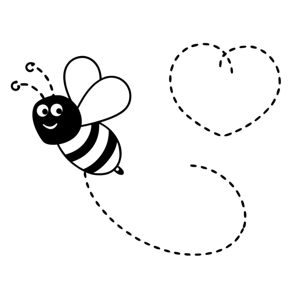 bee on dotted route flying in heart line bumblebee on dotted rout path to destination flight in vector