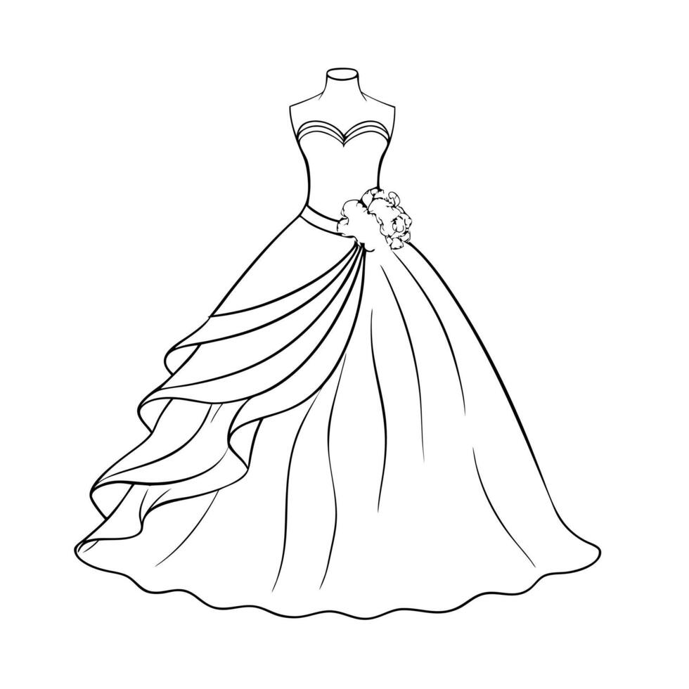 a pencil sketch style, high contrast black and white line drawing of an elegant ball gown the gown vector