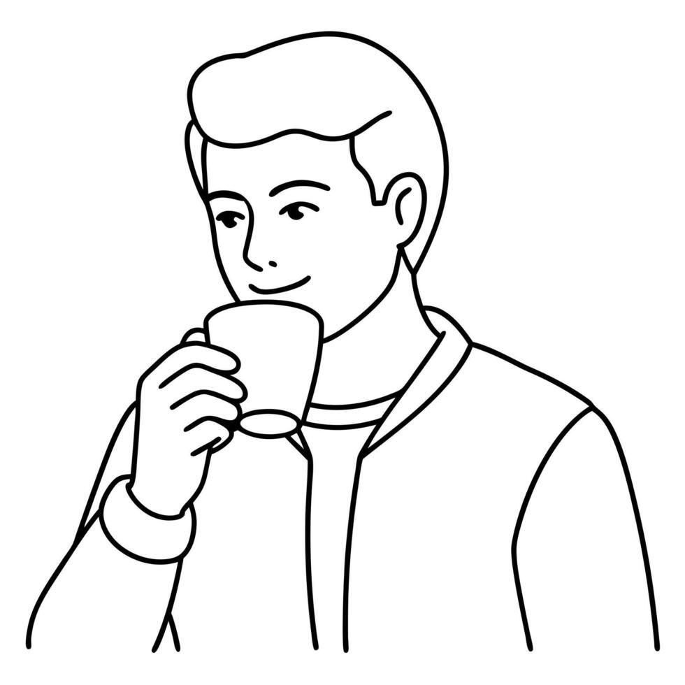 continuous single flat drawing of man drinking cup of espresso coffee, line art vector
