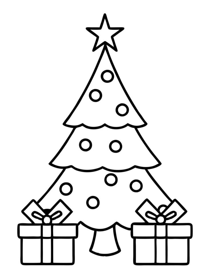 coloring page, christmas tree with presents, black bold lines, clean lines, distinct edges, white vector