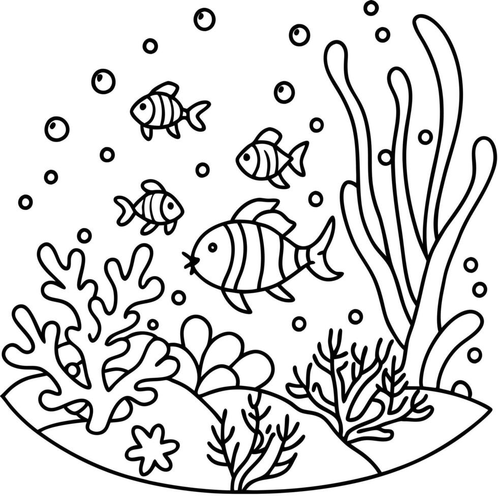 cartoon, underwater world, coral, seabed, fish swimming, bubbles, illustration line art vector