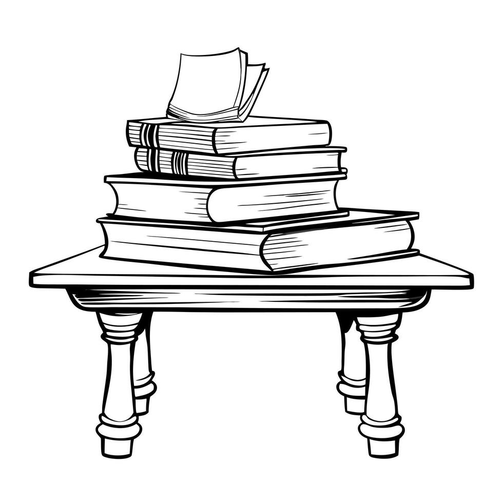 books stacked isolated on table, illustration line art vector