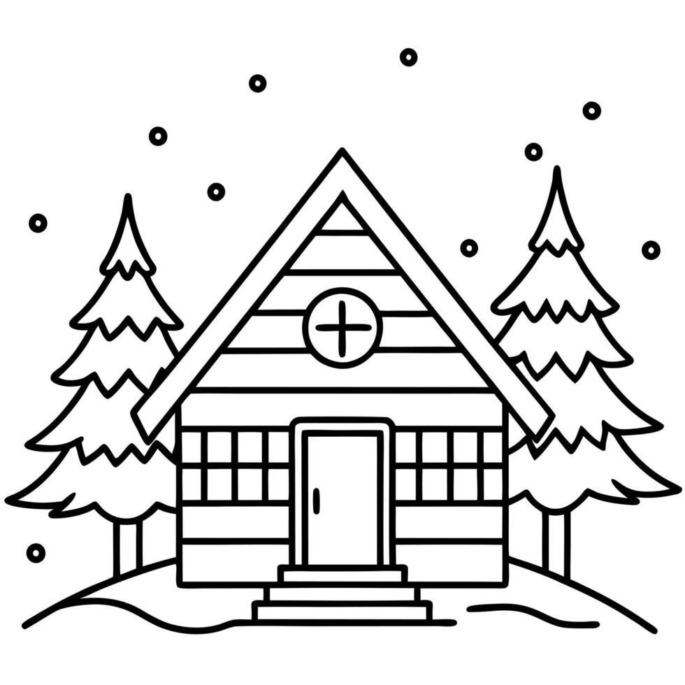 a cozy cabin in the woods, covered in snow, with a warmly lit window and a christmas tree inside, vector