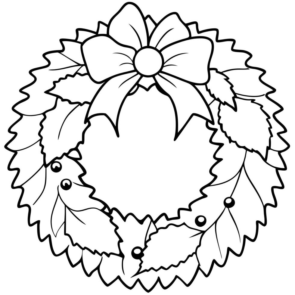 a close-up of a christmas wreath on a rustic wooden door, illustration line art vector