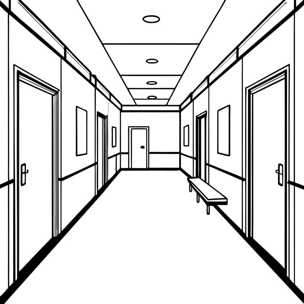 cartoon, empty hospital corridors from the inside, illustration line art vector