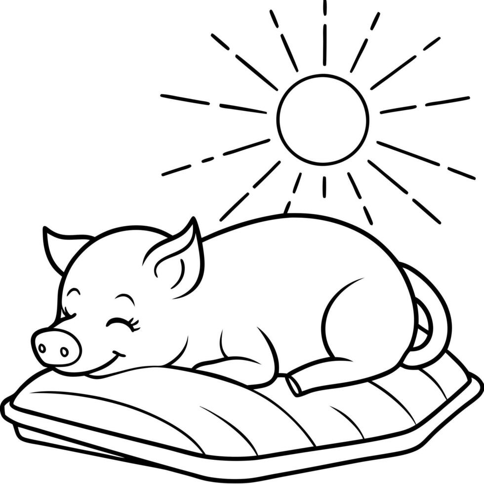cute little piglet sleeping on a pillow, warm soft bed pig, pet, daylight, mini pig, minnie pig vector