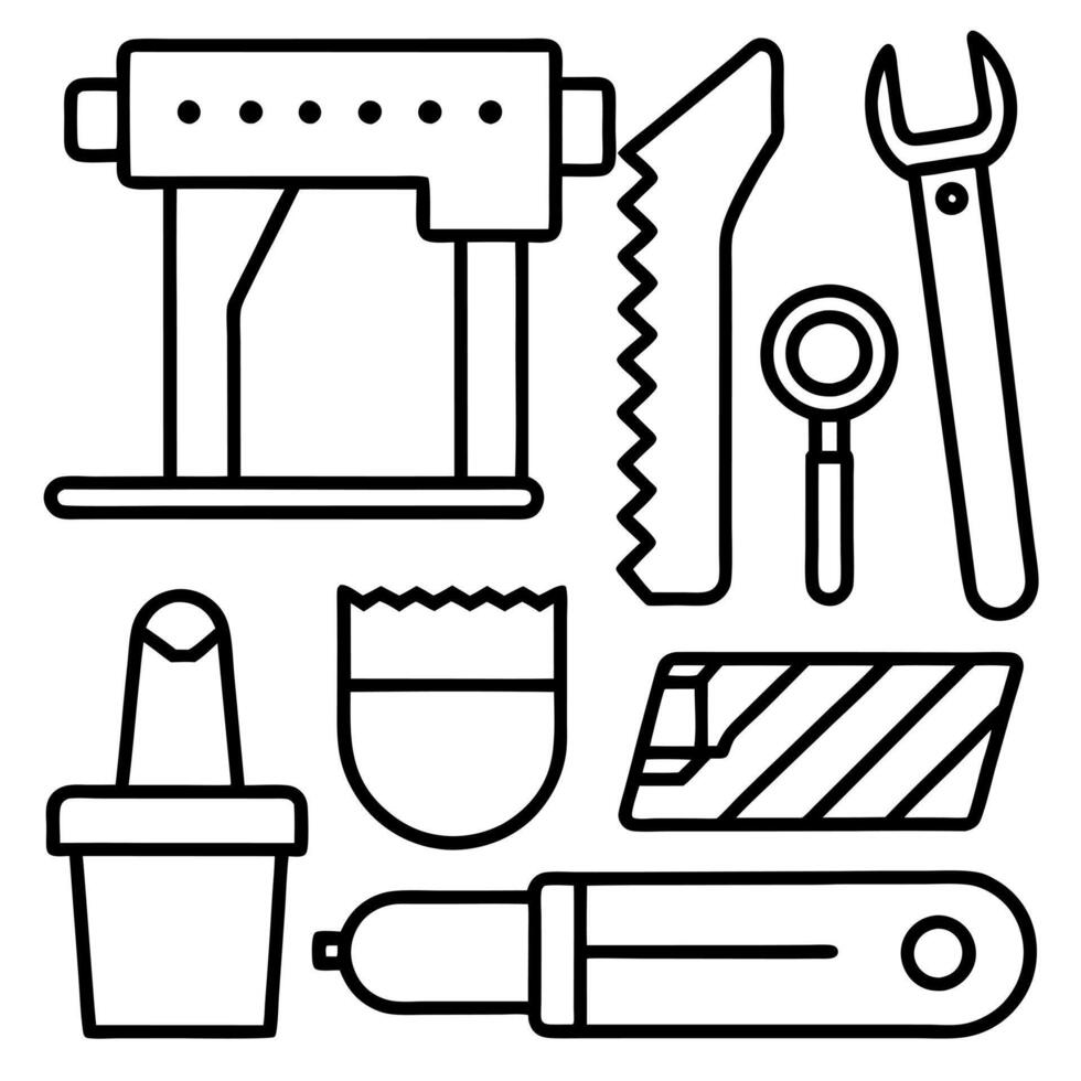 woodworking tool icon set, illustration line art vector
