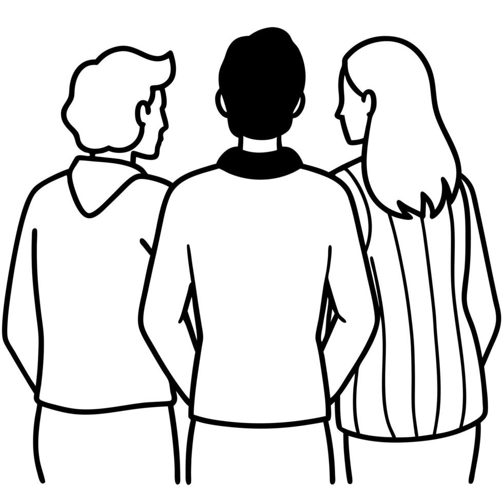 3 friends togeather from back, illustration line art vector