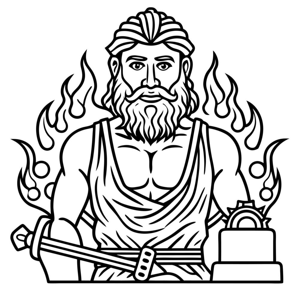 hephaestus god of fire, metalworking, and craftsmanship, illustration line art vector