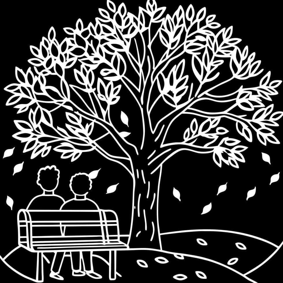 a watercolor simple minimalist white fine line art of a couple sitting on a bench under a vector