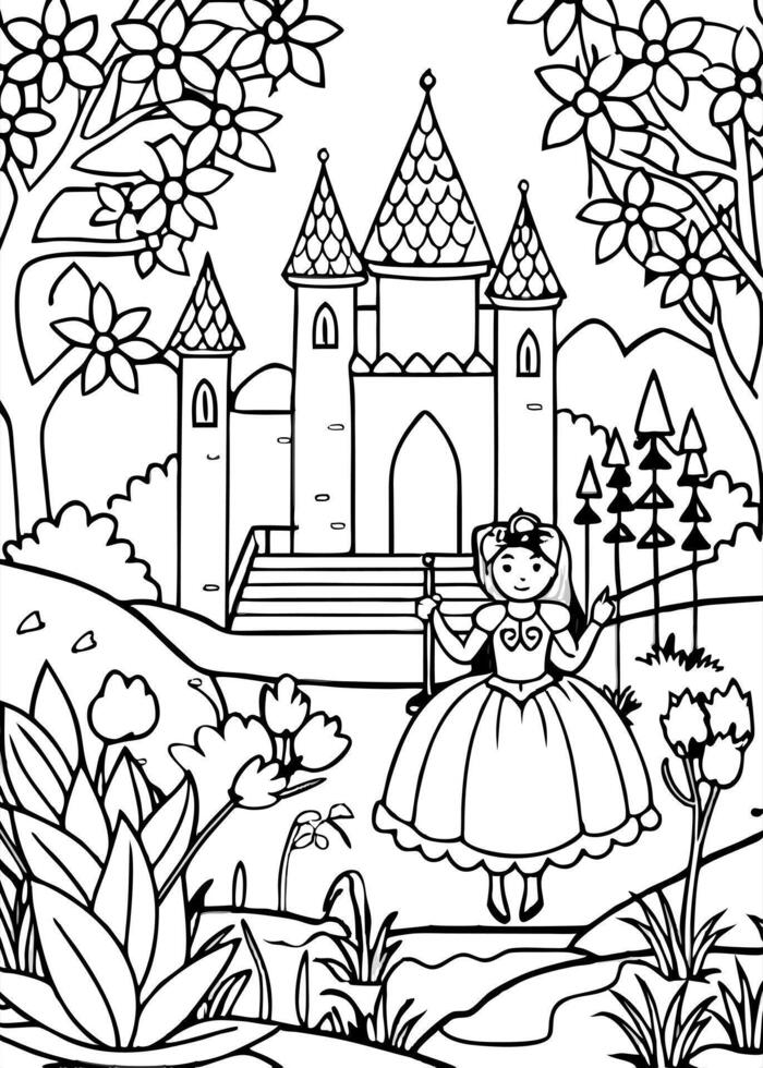 a castle for a princess standing on a huge garden, a swing where the princess sits, a lake and vector