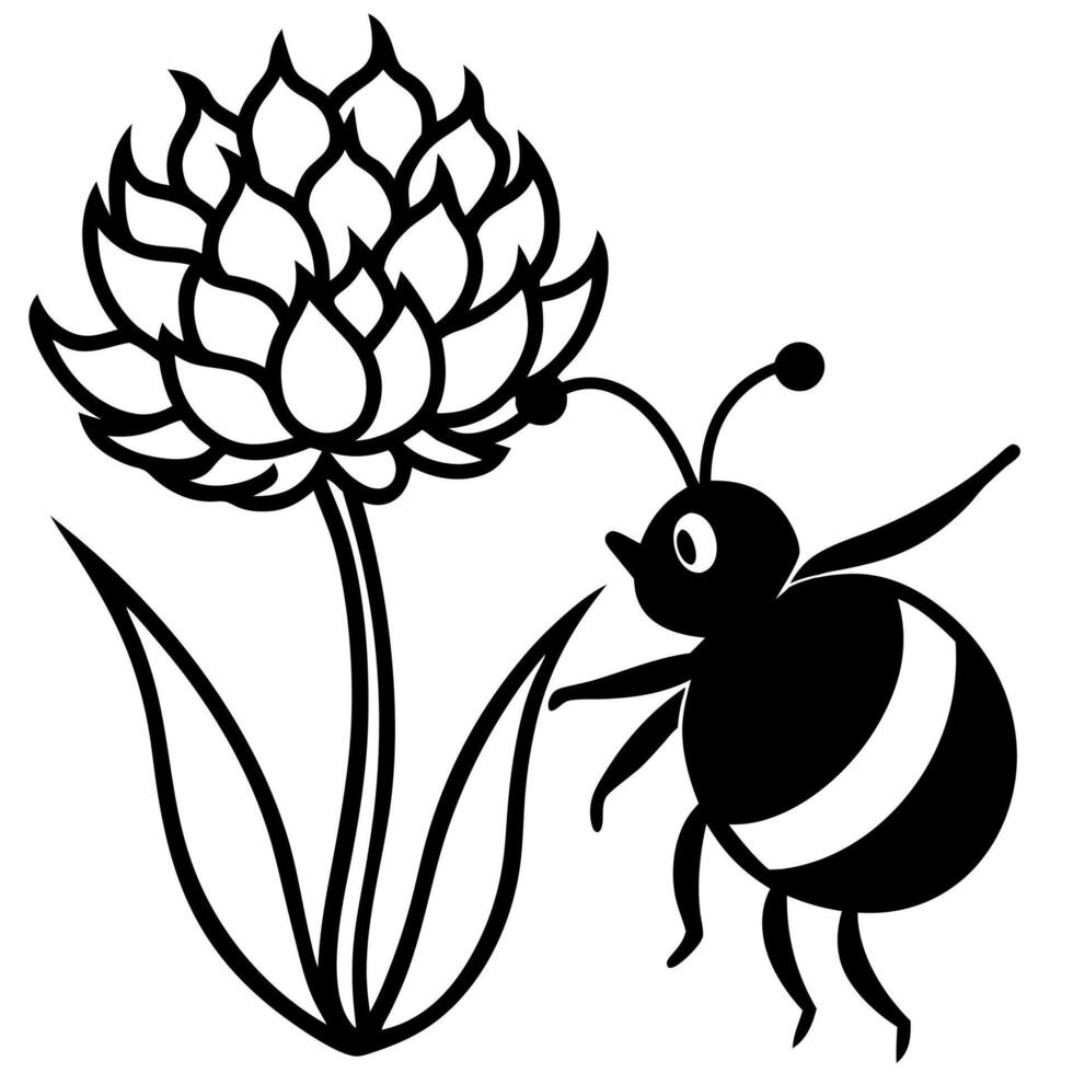 a bee is extracting honey from a ornamental onion flower, illustration line art vector