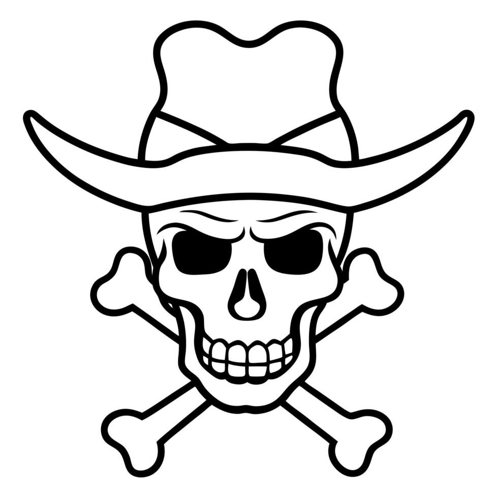 a cowboy grim reaper skull wearing a country or western style hat with pirate cross bones, vector