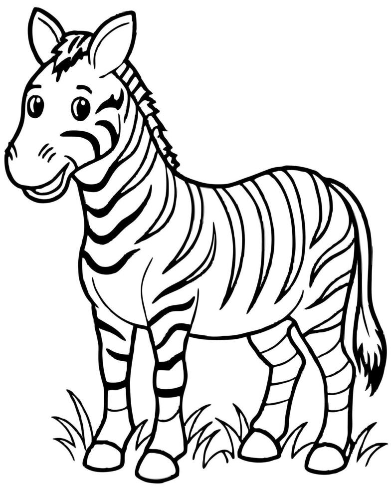 a zebra standing in a field, drawn with lines that emphasize its stripes, simple enough for kids to vector