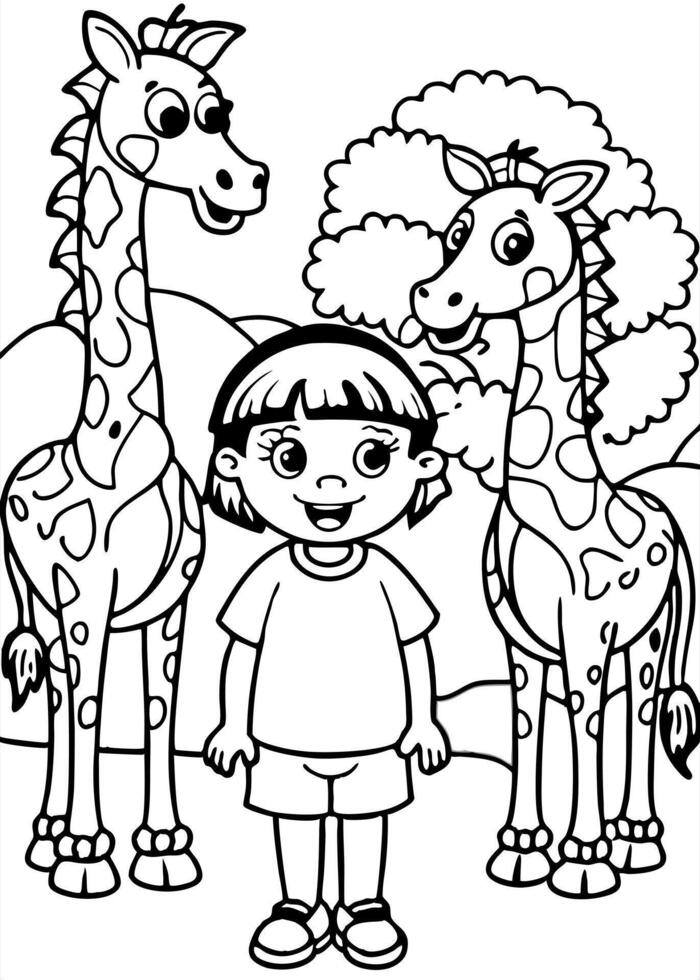 dora the explorer at the zoo with the giraffes, illustration line art vector