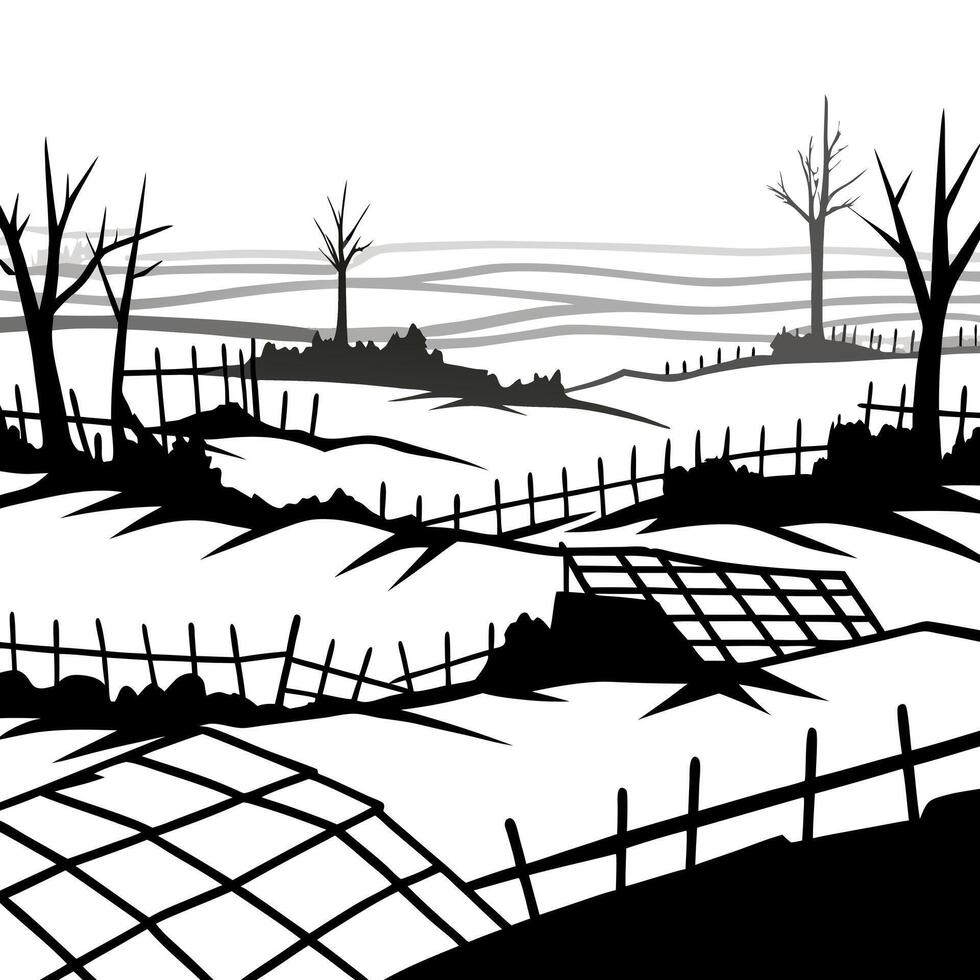 abandoned battlefields on a cold and foggy day, during first ww d using technology, vector