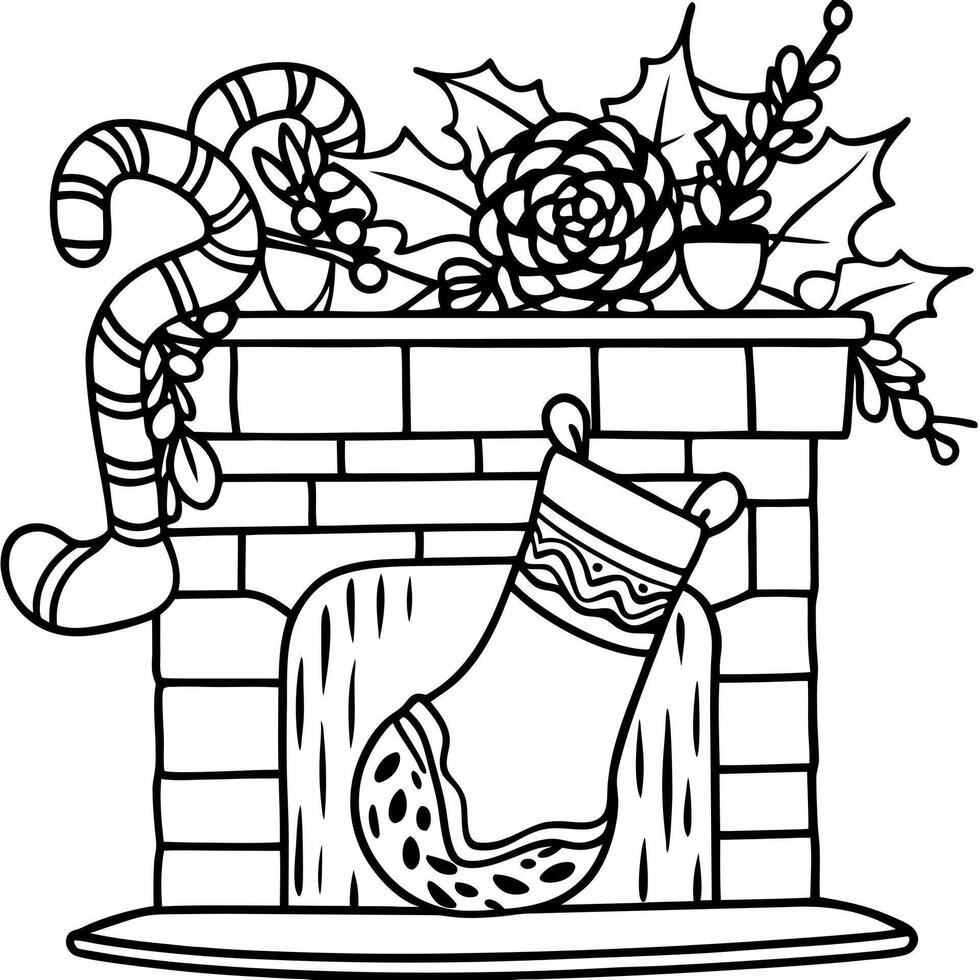 a christmas stocking hung on a fireplace with a candy cane, illustration line art vector
