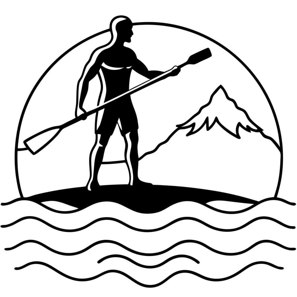 silhouette of a strong man stand up paddle boarding ocean mountian waves, illustration line vector