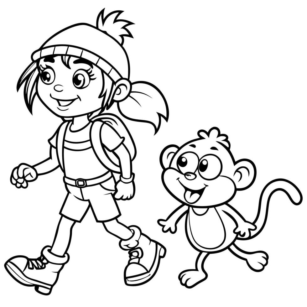 dora the explorer walks monkey art , illustration line art vector