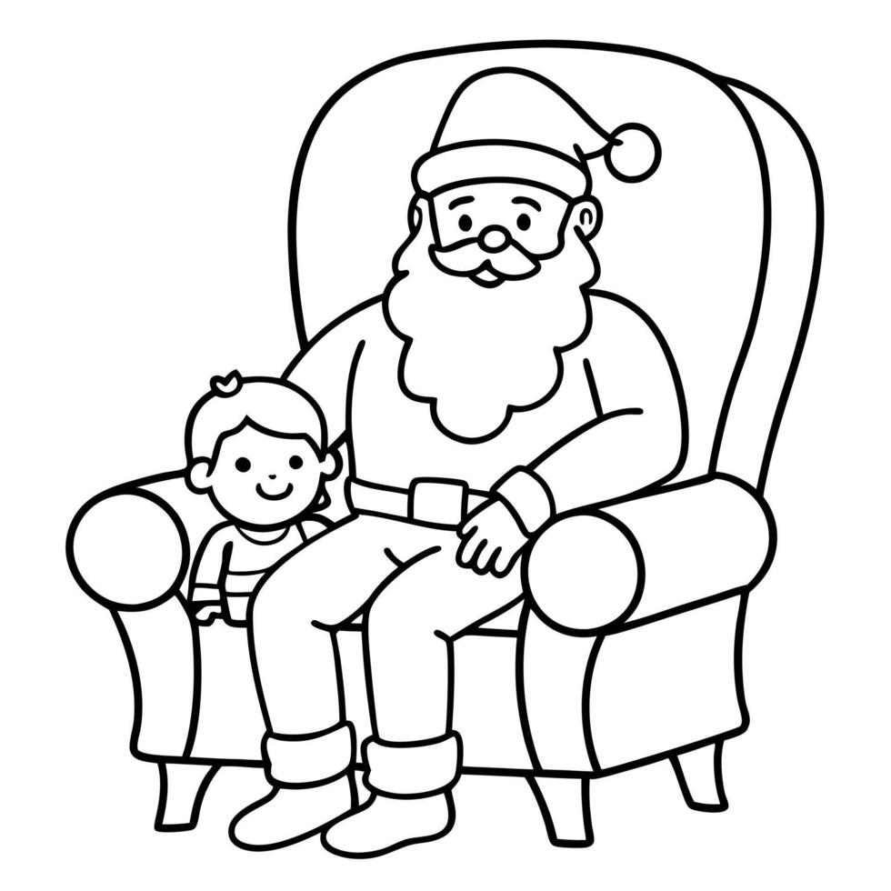 santa claus in a big chair with a child on his lap, illustration line art vector