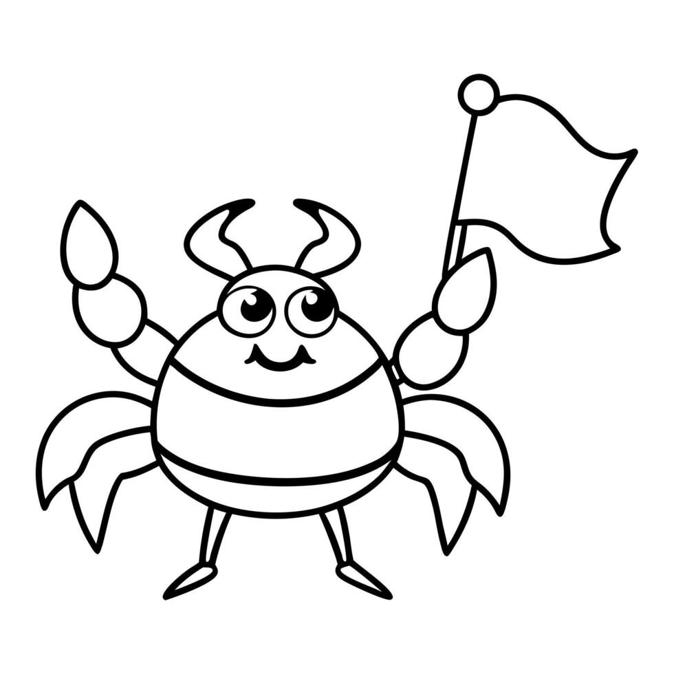 a crab holding a small flag on a beach, illustration line art vector