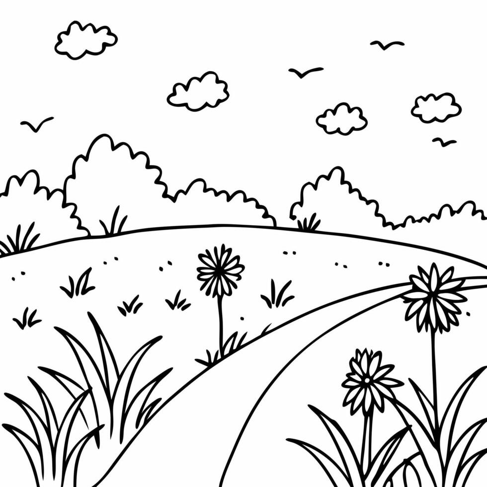 realistic, a field of small dandelions in the distance, and a clearing ahead with a little weed, vector