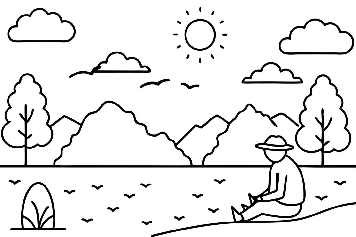 a glade, a fisherman is sitting on the glade next to the lake, the sun is shining above the vector