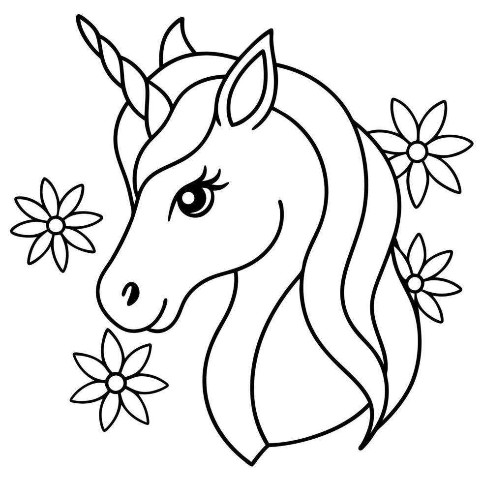 a simple outline of a unicorns head in profile, with a sleek mane and a gracefully curved horn the vector
