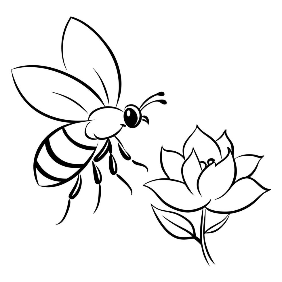 a bee is extracting honey from a gardenia flower, illustration line art vector