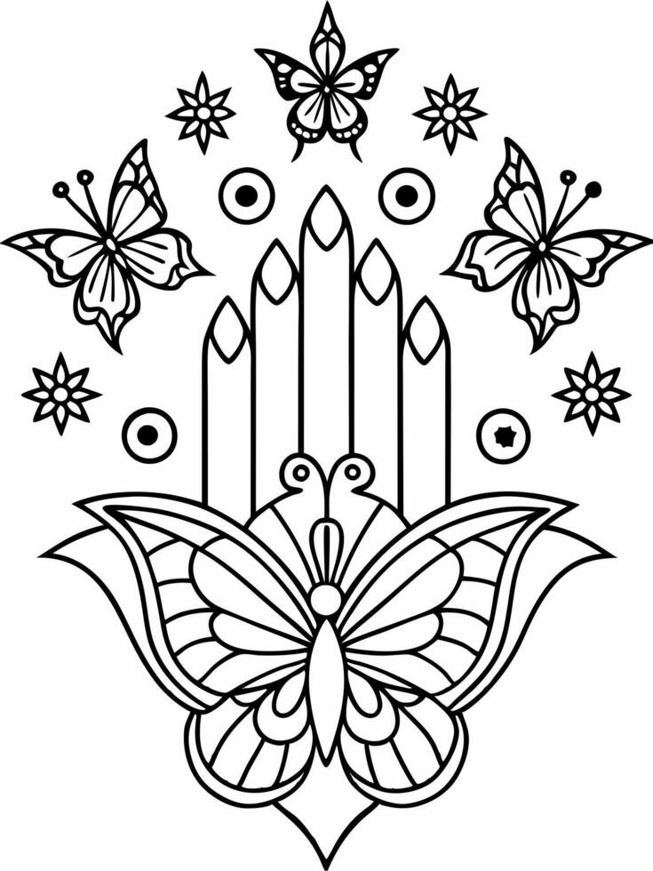 khamsa three fingers in the center, semetric, elegant style, butterflies, illustration line vector
