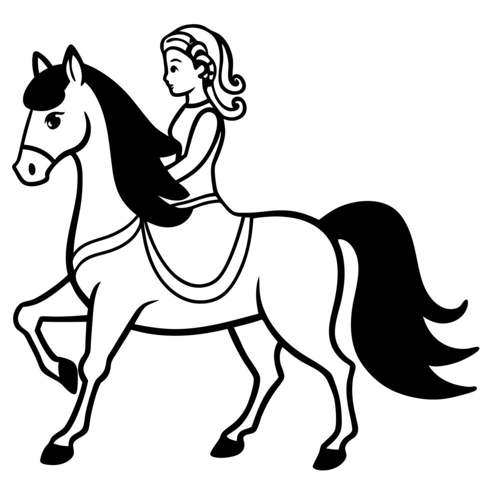 a black and white line art illustration of a large galloping horse with a princess rider on vector