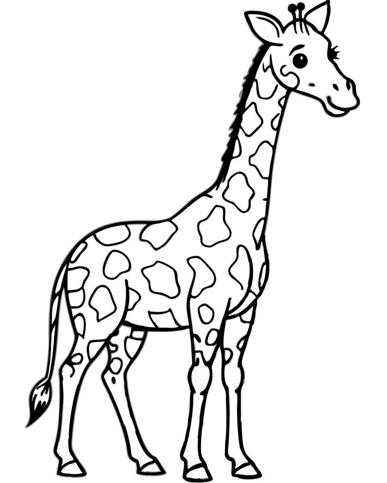 a tall giraffe drawn in clean lines with distinct spots, standing in a grassy field for children to vector