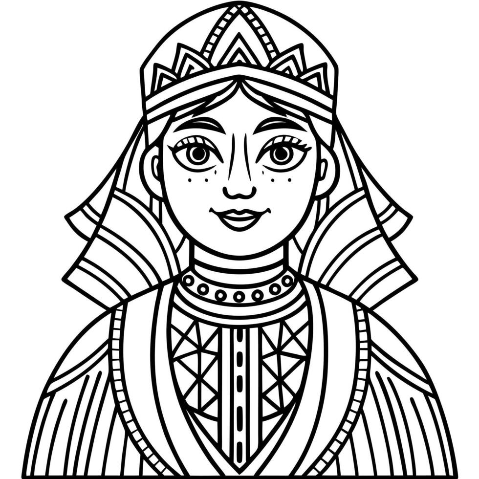 a black and white line drawing of a character wearing traditional clothing with intricate patterns vector