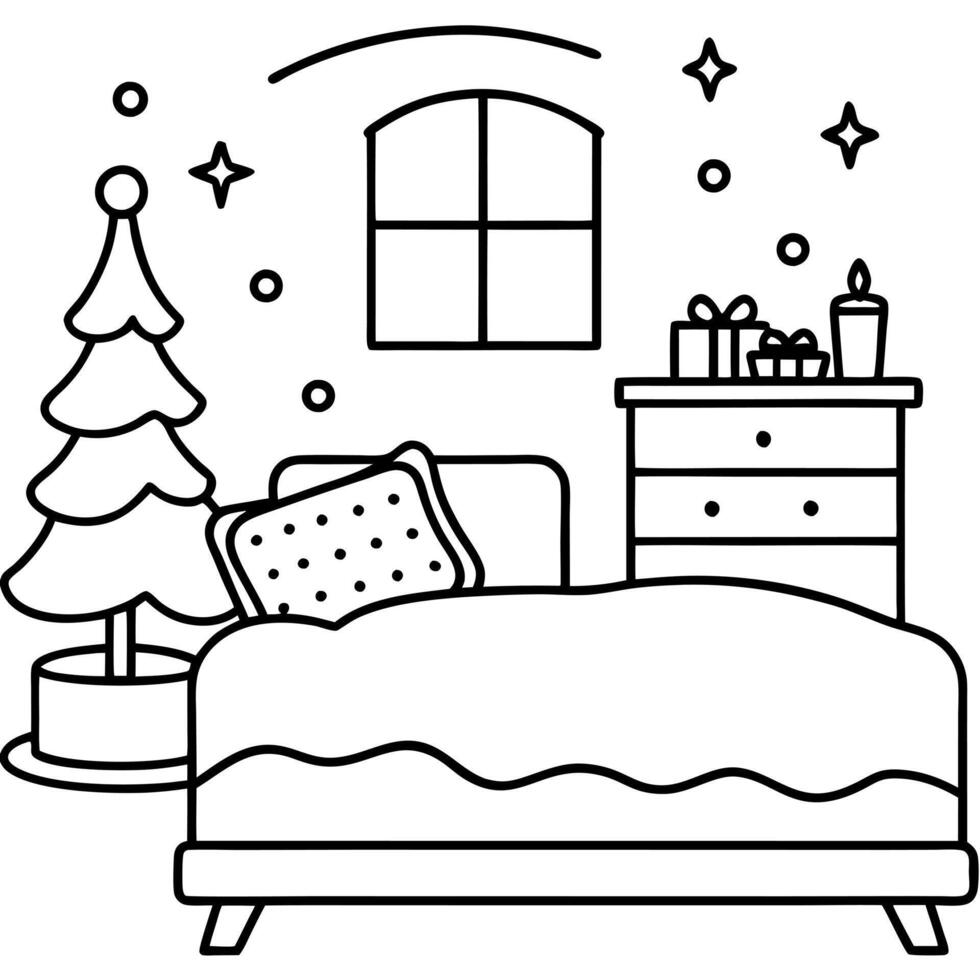 a cozy bedroom with a christmas-themed bedspread, a small christmas tree on the nightstand, and vector