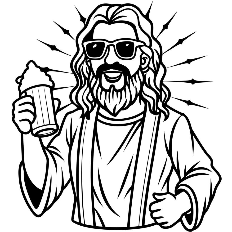jesus as rockstar with beer and sunglasses, boots, grunge style, with shine, illustration vector
