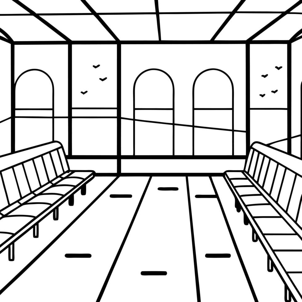 cartoon, an empty airport from the inside, with the floor in the foreground, seats in the vector