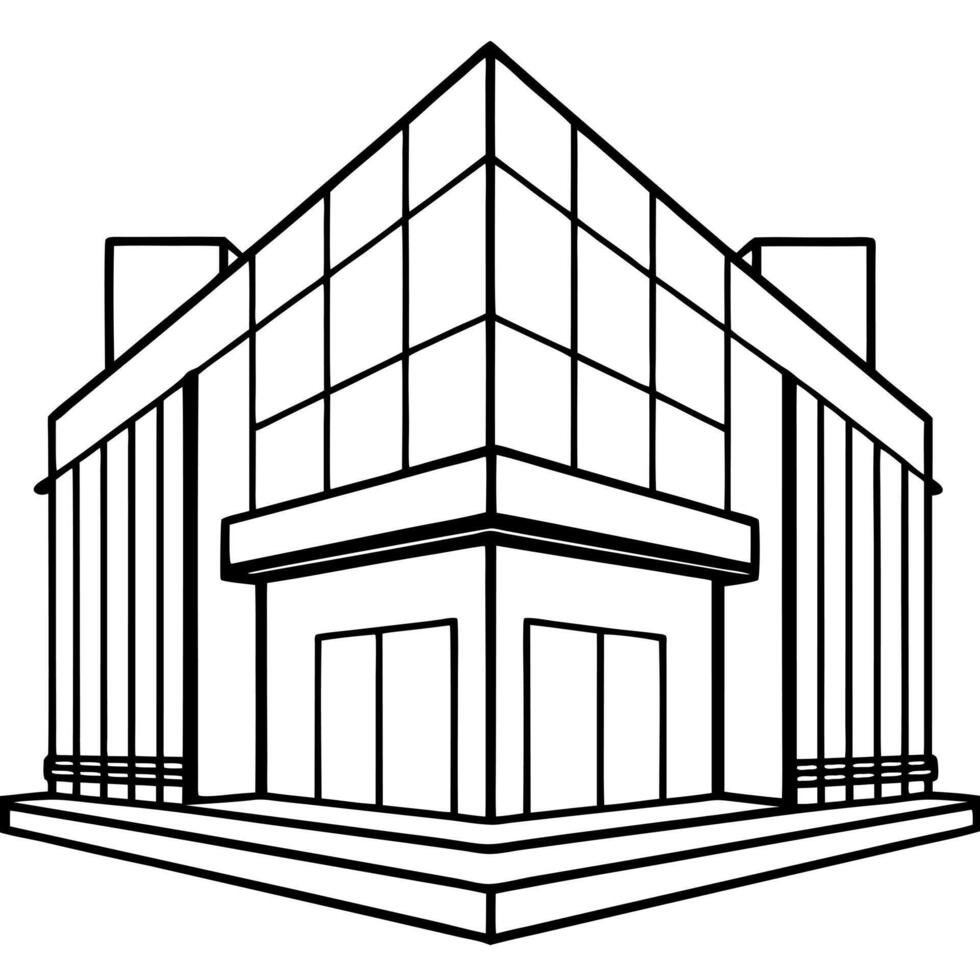 a street-level view of a building with a towering glass wall, illustration line art vector