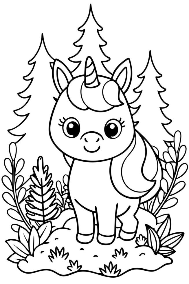 chibi cute kawaii unicorn in the forest, coloring pages for kids, cozy coloring pages, cute vector