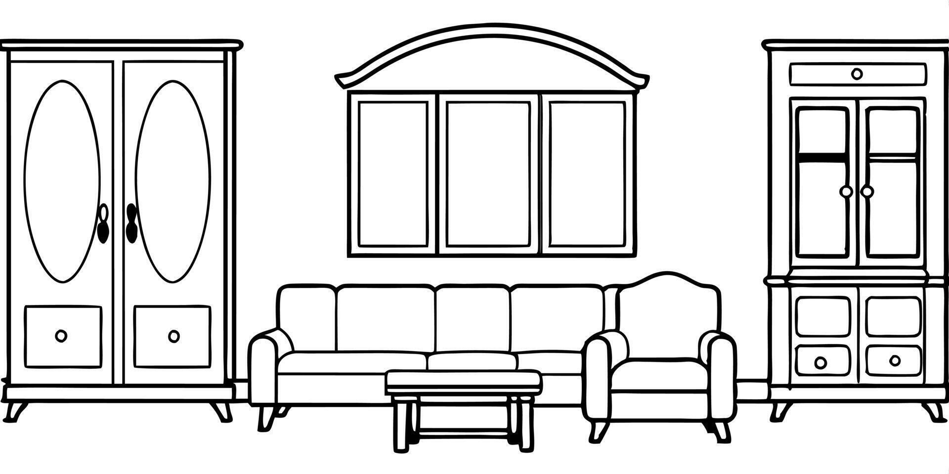 big living room with 3 walls, there an armoire on the left, sofa im centre and chair on the right, vector