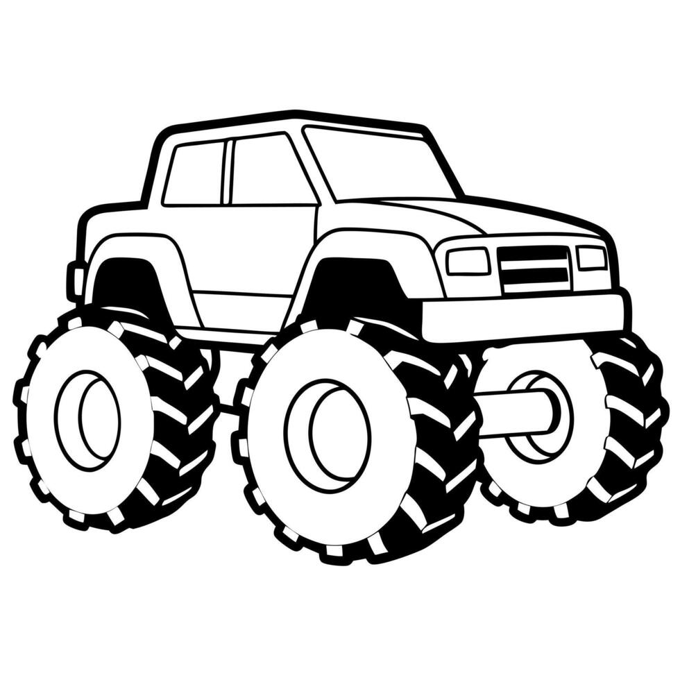 a sleek monster truck outline showing its large wheels, high suspension, and angular body the vector