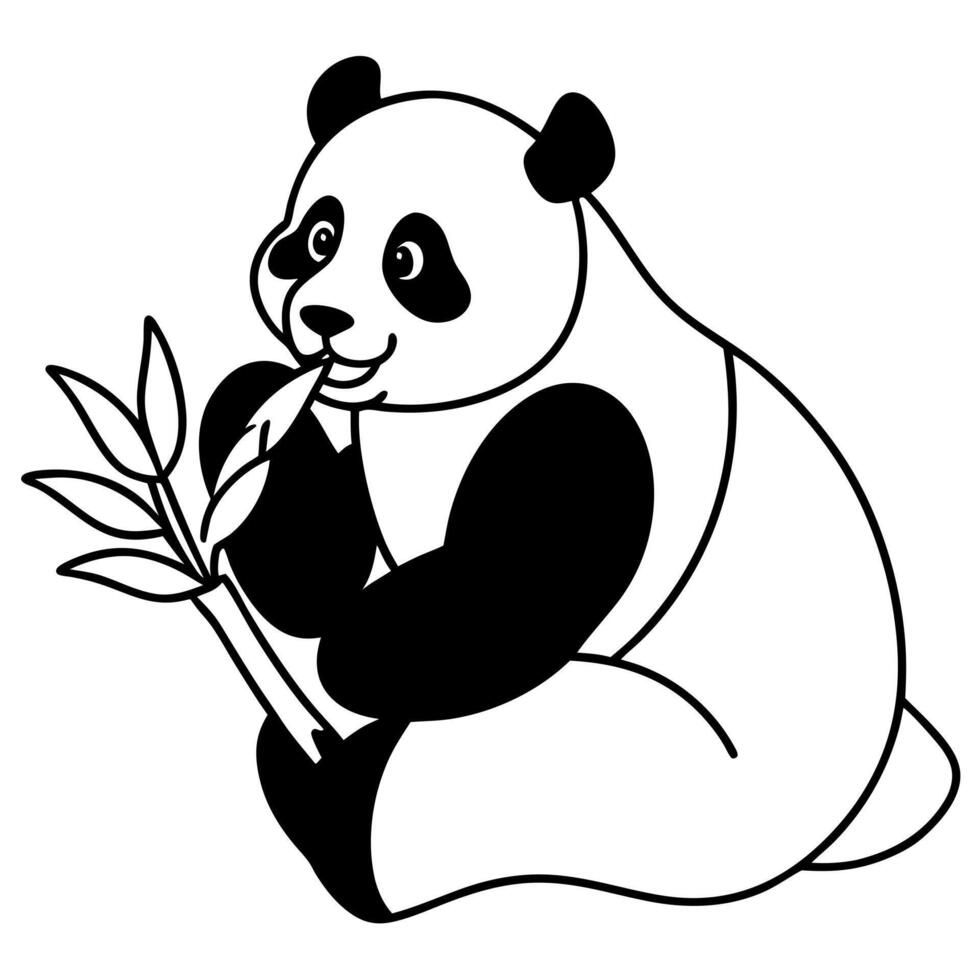 playful panda eating bamboo black color outline, illustration line art vector