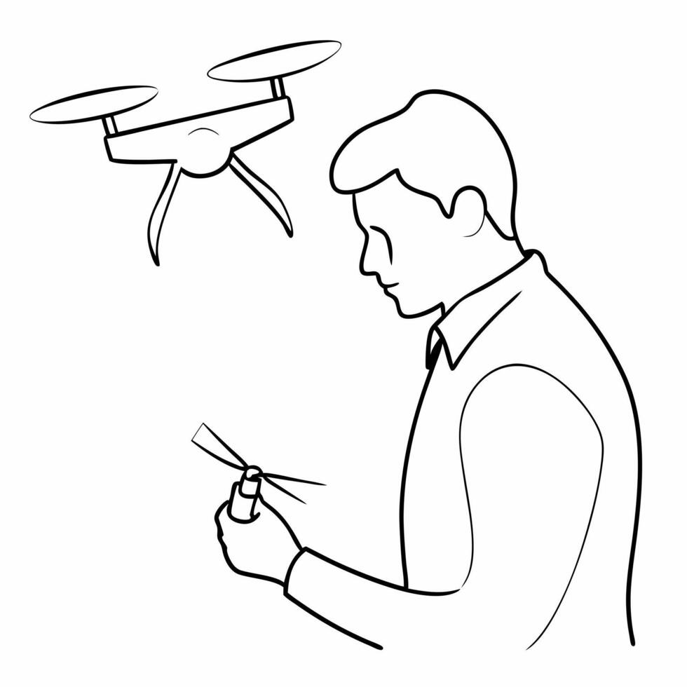 a man checks the propellers on a drone, illustration line art vector