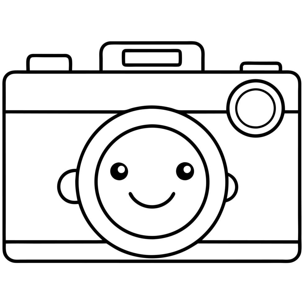retro camera with smiley face lens, illustration line art vector
