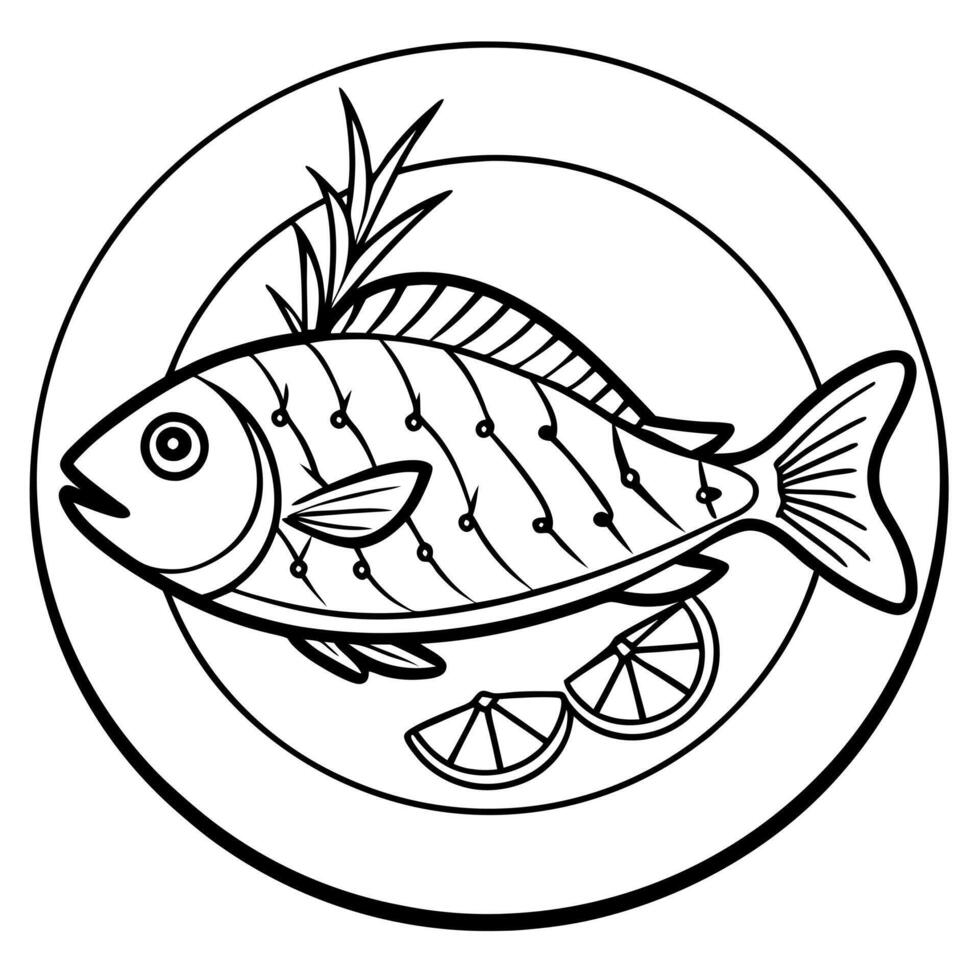 grilled fish with rosemary and lemon in plate, illustration line art vector