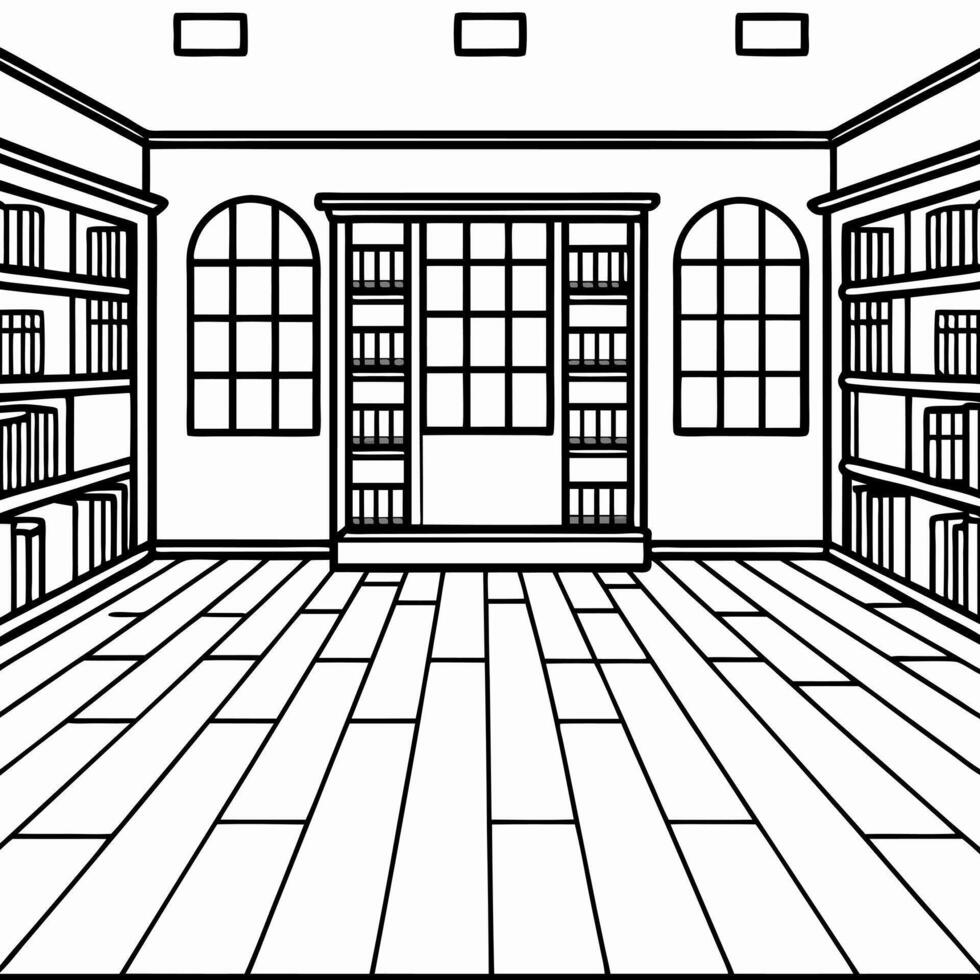 cartoon, library room, with wood flooring, illustration line art vector